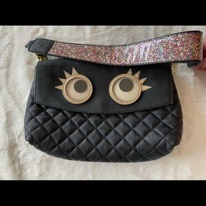 Betsey Johnson Dreamworks Trolls XOX Black Quilted Leather Googly Eye Handbag